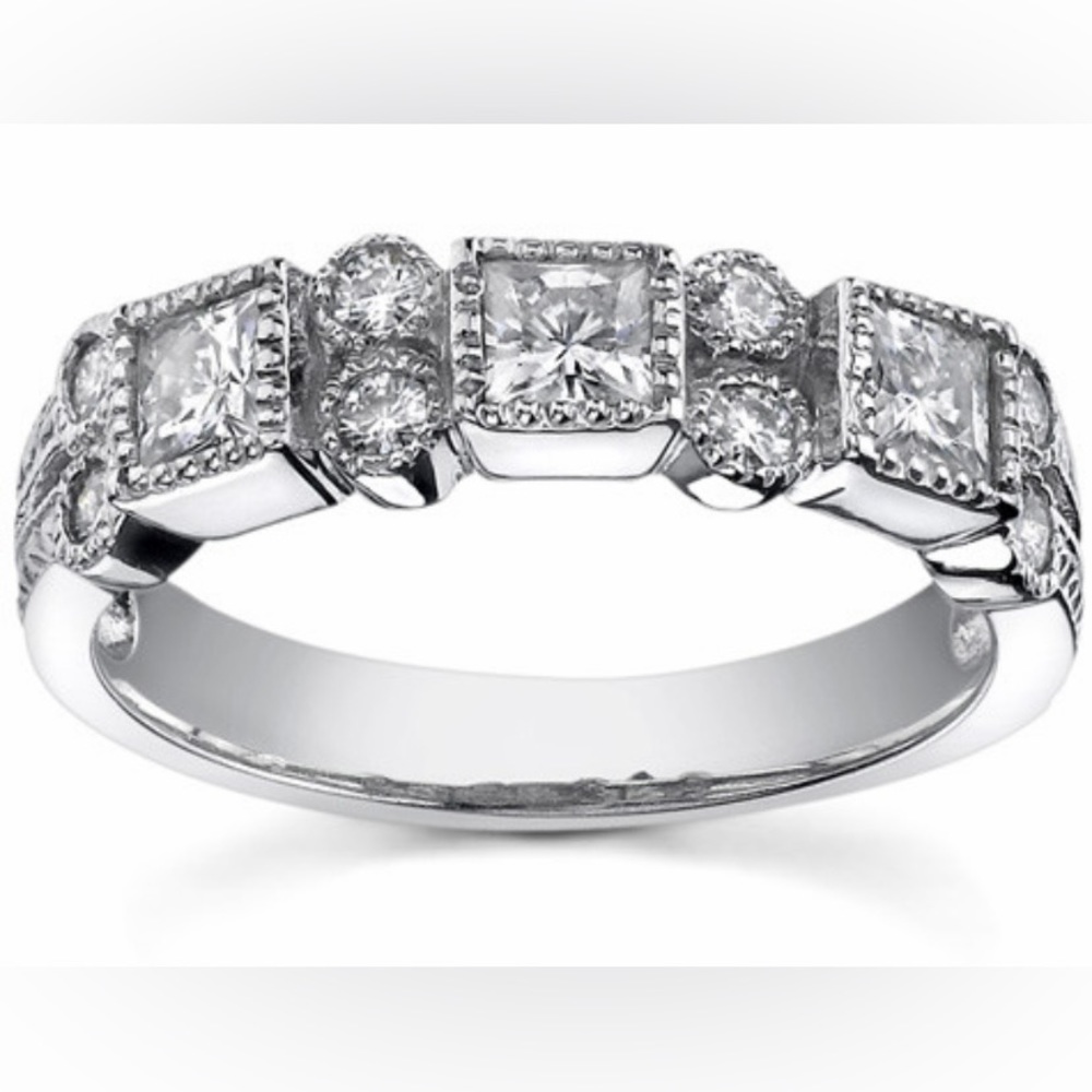 3mm Princess Moissanite Milgrain Anniversary Ring #ann183b white gold - Picture 2 of 10